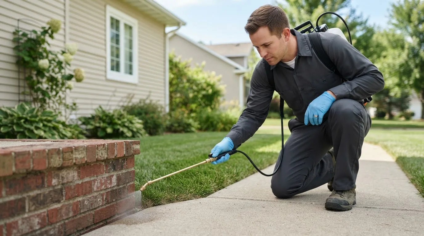 Pest control technician treating a home near Suncook, NH